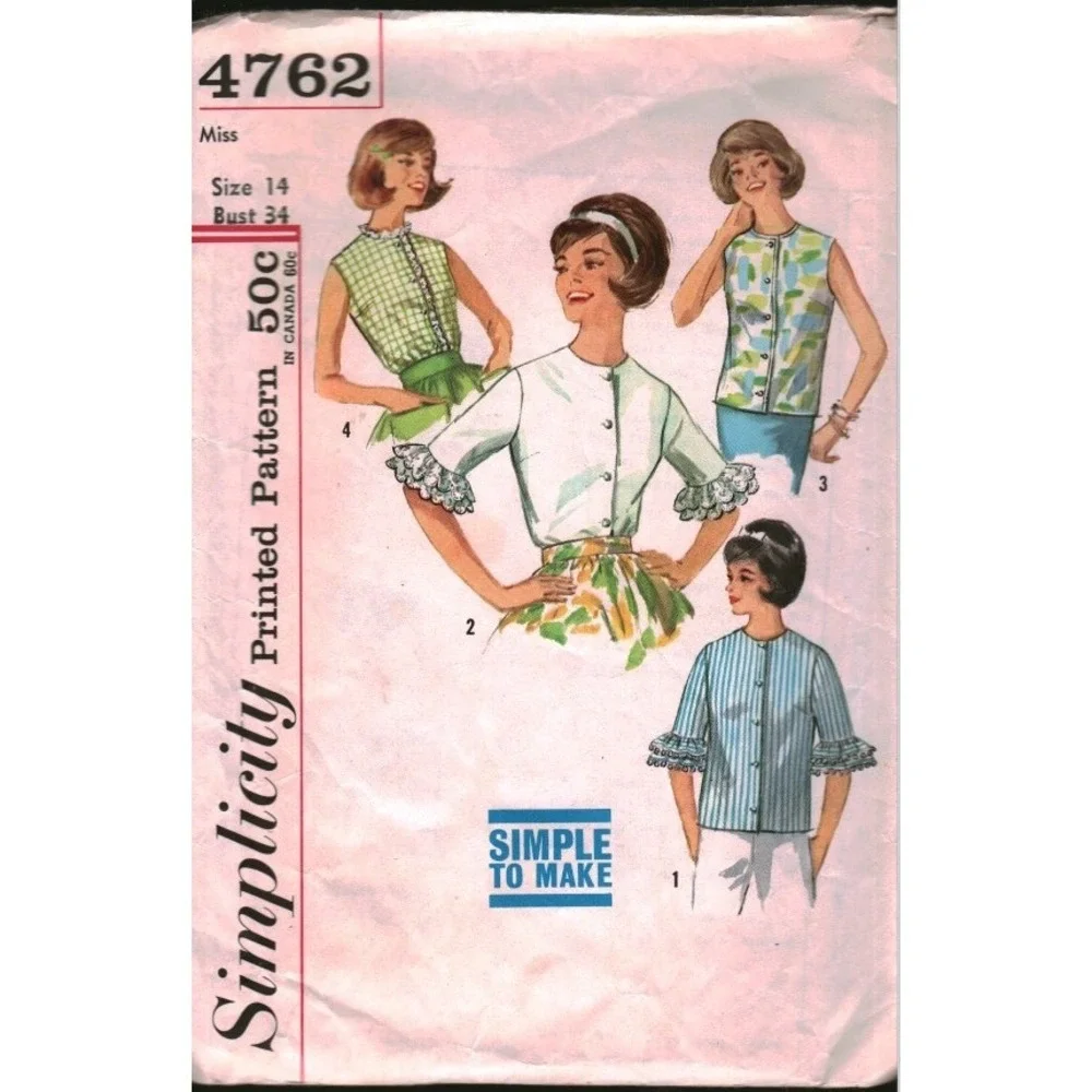 Vintage 1960s Simplicity 4762 Misses Blouses Sewing Pattern 14 Bust 34 Ruffle